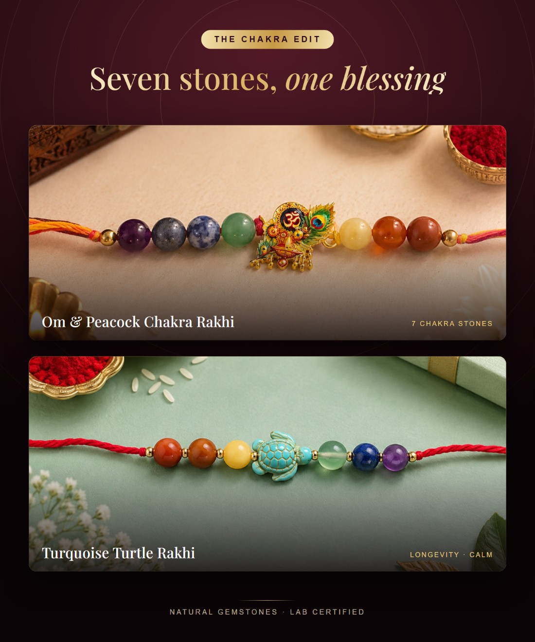 The Chakra Edit — Om & Peacock and Turquoise Turtle chakra rakhis